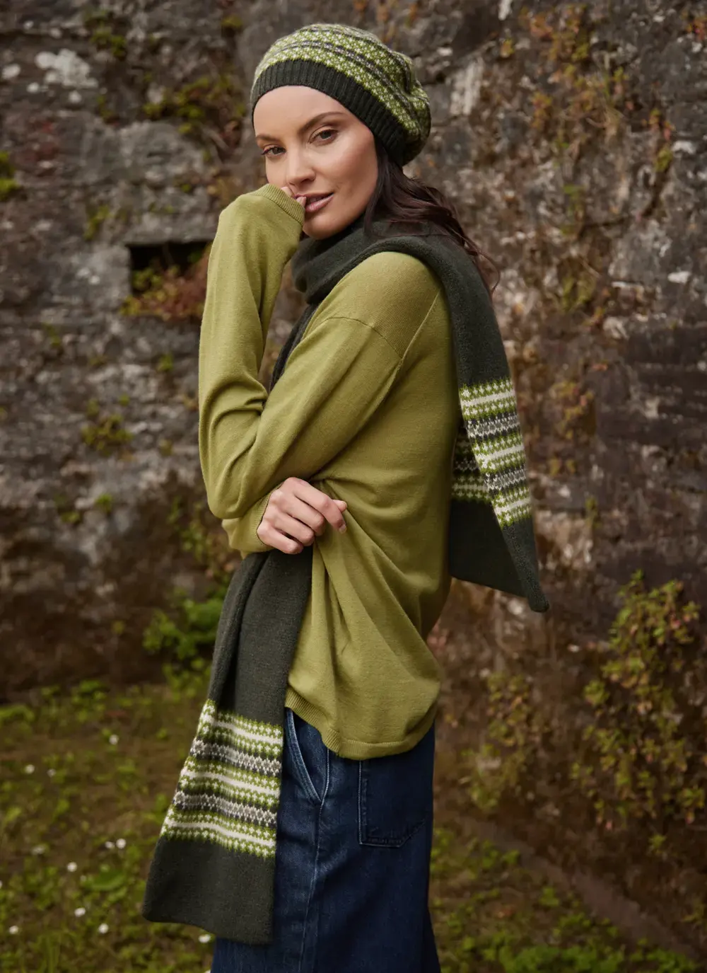 Morar Fairisle pure new wool Beret in Olive